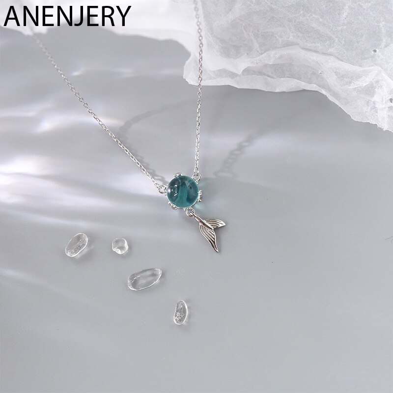 Anenjery sierlijke blauwe kristallen visstaartketting voor vrouwen, zilveren ketting met sleutelbeenketting voor verjaardagen -n677