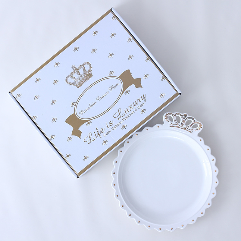 Plato grande de cerámica con corona dorada y diamantes, plato de joyería para desayuno, platos occidentales para comida y fruta, decoración de la bandeja para guardar artesanales