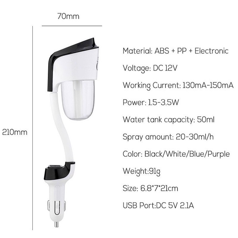 Car Essential Oil Diffuser Mini Ultrasonic 12V 2 Humidifier II LED Light USB Aromatherapy Fogger Air Freshener