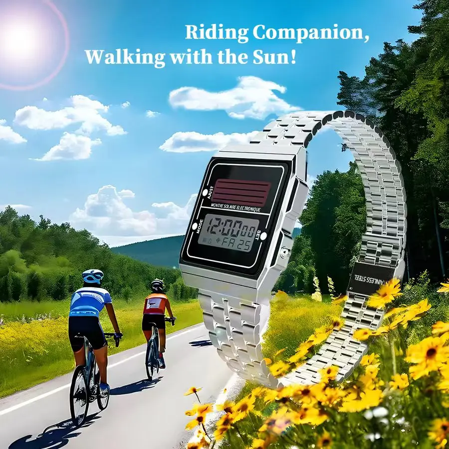 Solar Digital Watch Square Sporty Ultra Long Battery Life Accessory Available