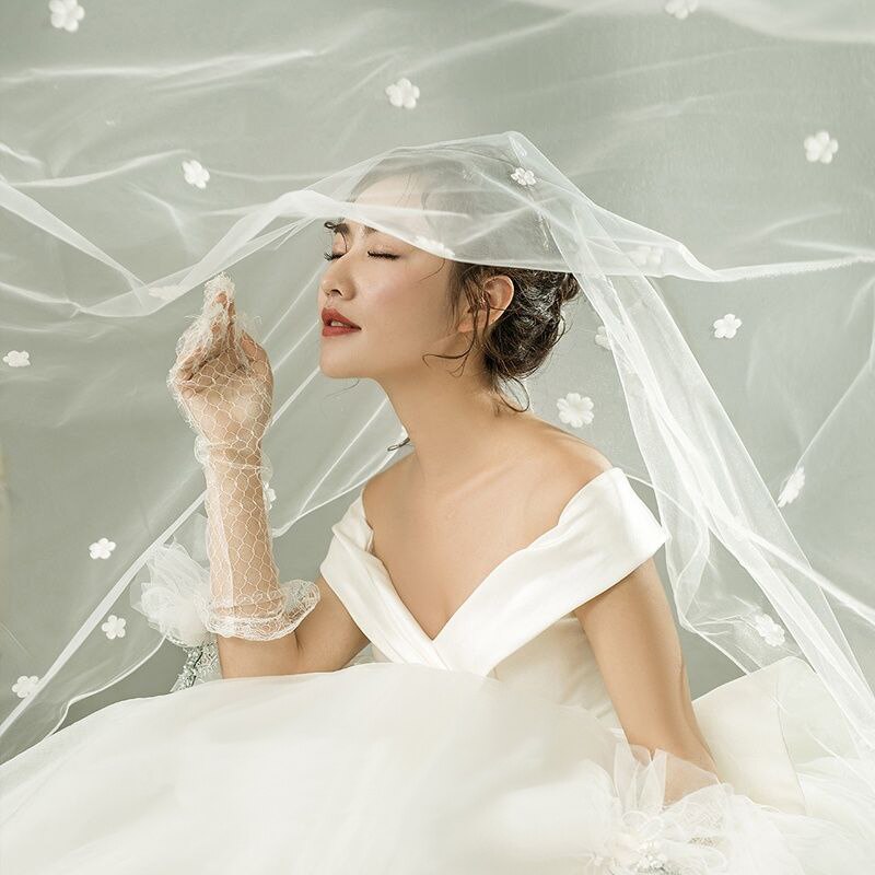 Blomma bröllop tillbehör 3m svansslöja brud romantisk bröllopsslöja 1 lager spets utan kam