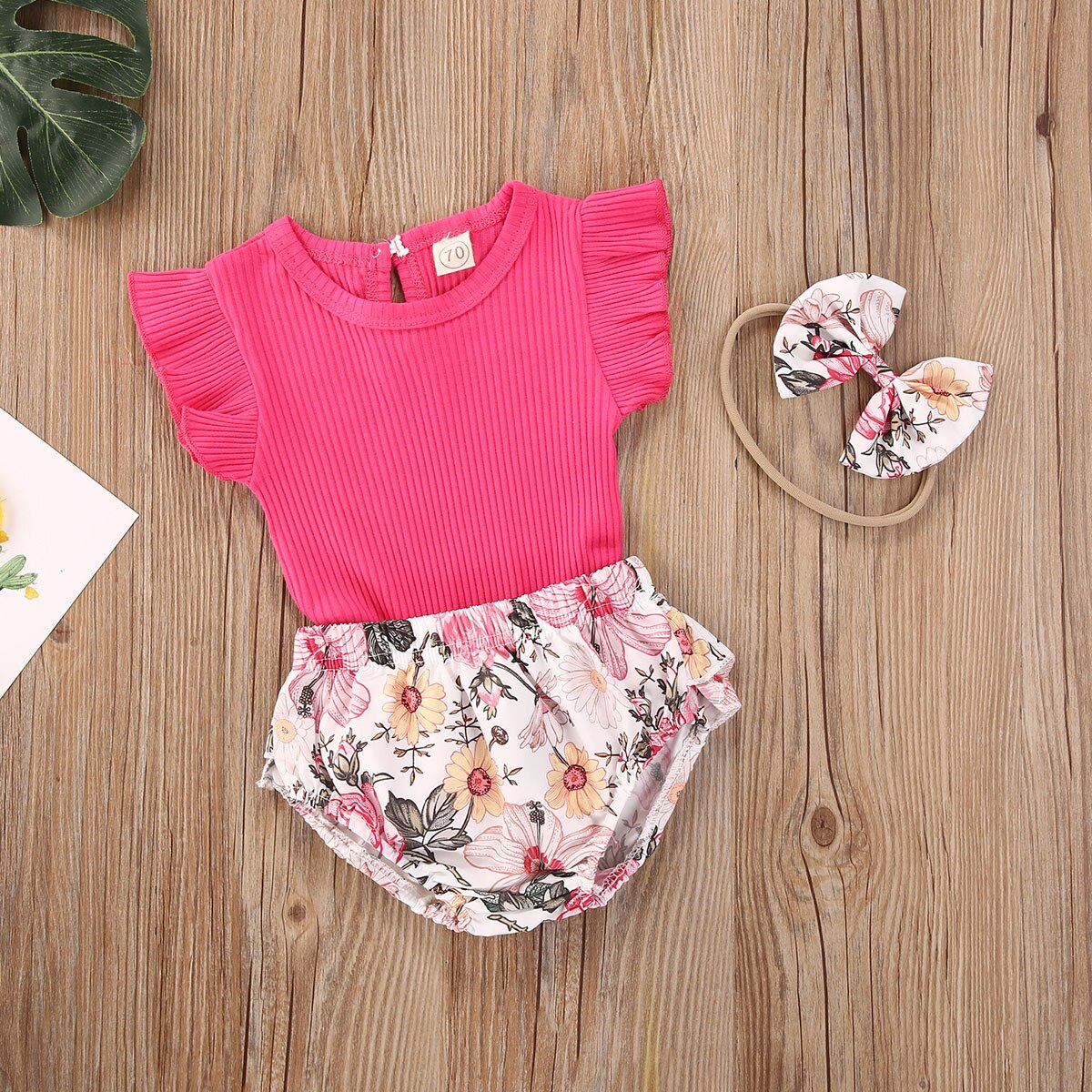 Enfant en bas âge bébé filles vêtements col rond coton à manches courtes T-shirt imprimé fleuri pantalon bandeau 3 pièces ensemble de tenue été