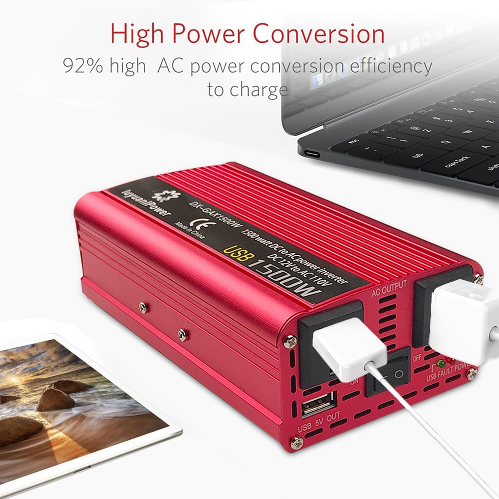Car Inverter 1500W DC 12V to AC 110V/220V 230V dual 3.1A USB Charging Adapter Converter Universal US Socket Solar Power