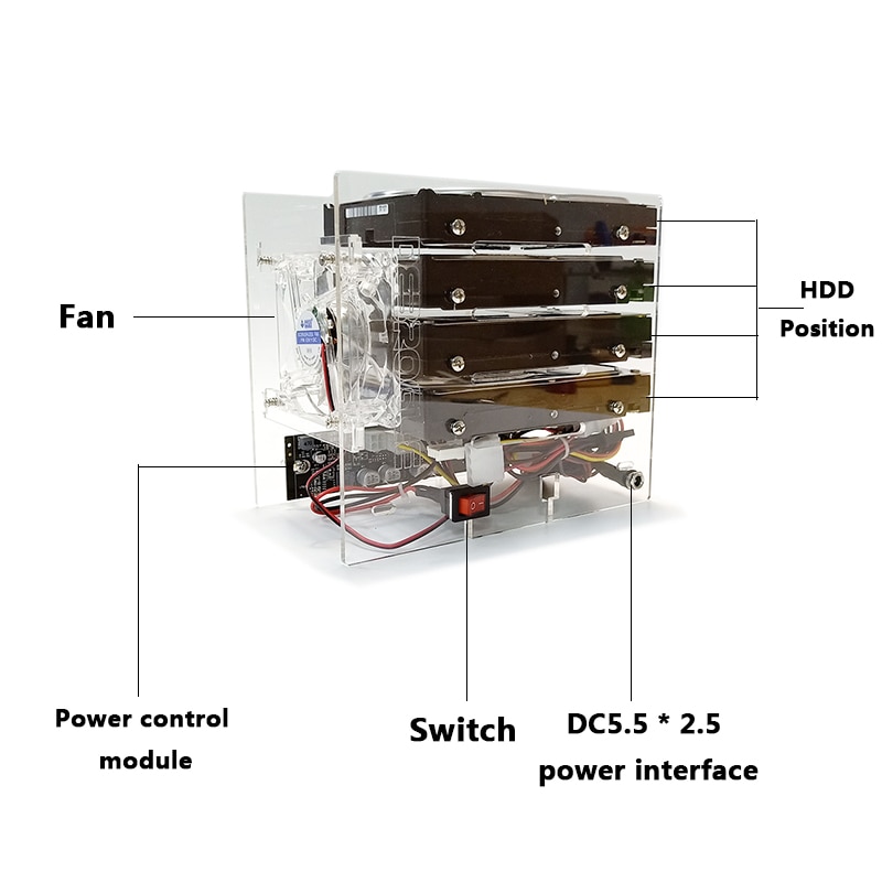 DIY hard disk expansion bracket HDD 3.5 NAS 4 disk External racks support power supply transparent acrylic rack