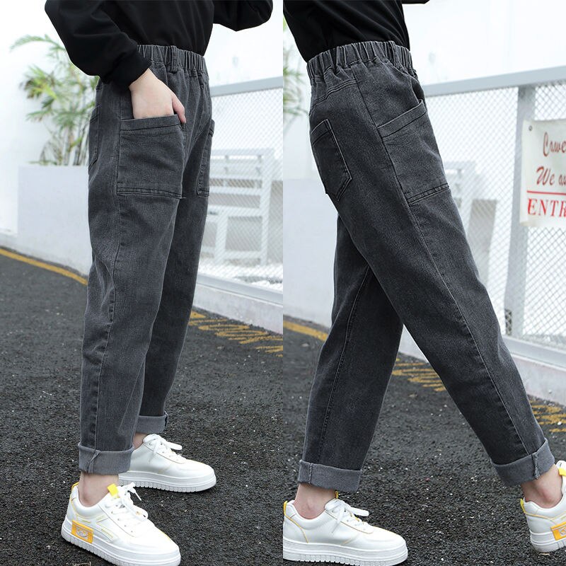 printemps automne bébé filles solide Jeans décontractés enfants à la pantalon ample taille élastique poches Patchwork pantalon Z30