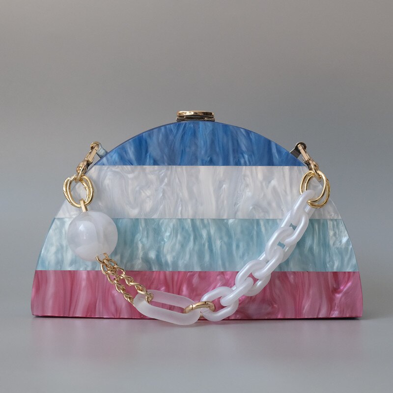 Mode Vrouwen Acryl Luxe Avondtasje Witte Parel Handvat Gestreepte Handtas Vrouw Casual Blauw Box Clutch Purse