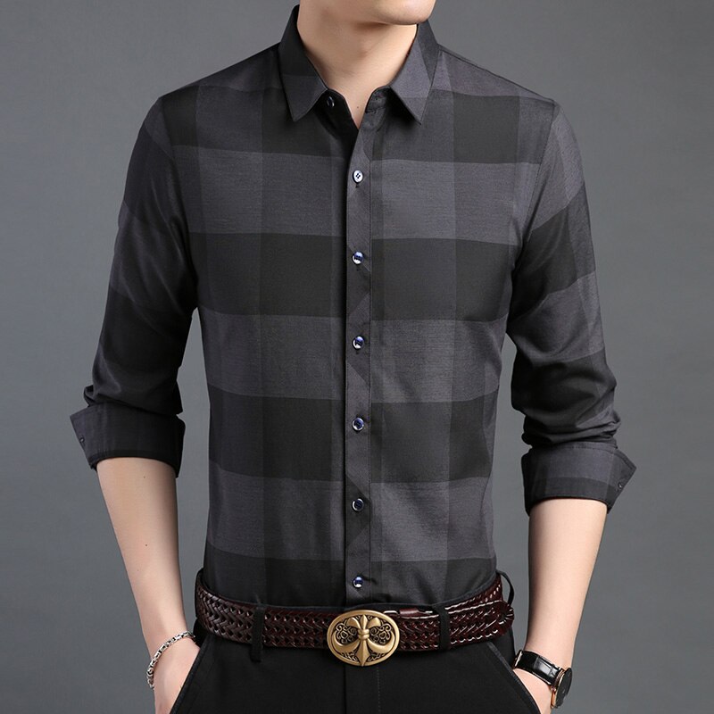 de chemise homme Plaid coupe ajustée vêtements de rue à manches longues bouton Up coréen entraînement décontracté hommes vêtements: Black / 4XL