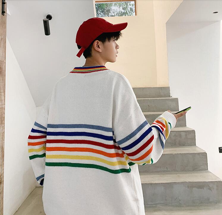 Rainbow striped sweater Korean autumn and winter loose knit men's sweaters