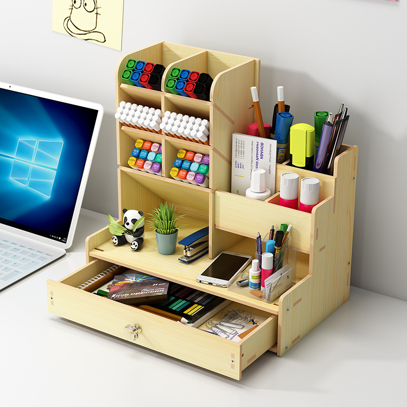 Desktop Pen Holder Wooden Pencil Organizer Students Stationary Storage Box Office School Stand Case Cosmetic Makeup Supplies