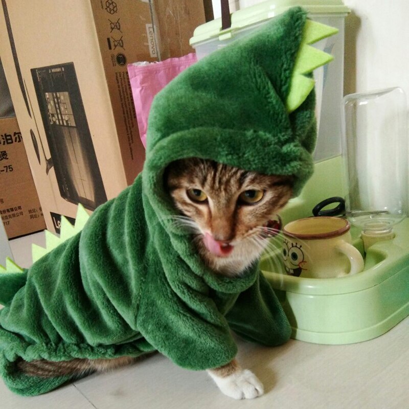 Morsom dinosaur kjæledyr katt kostyme halloween katt klær til små katter vinter varm fleece kattunge hettegensere frakk jakke hundeklær