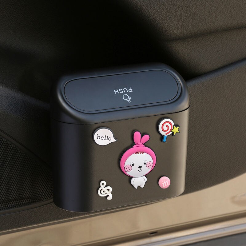 Lata de lixo do carro, porta de suspensão bin de armazenamento, desenhos animados multifuncional caixa de armazenamento frontal, suprimentos criativos no carro: Preto