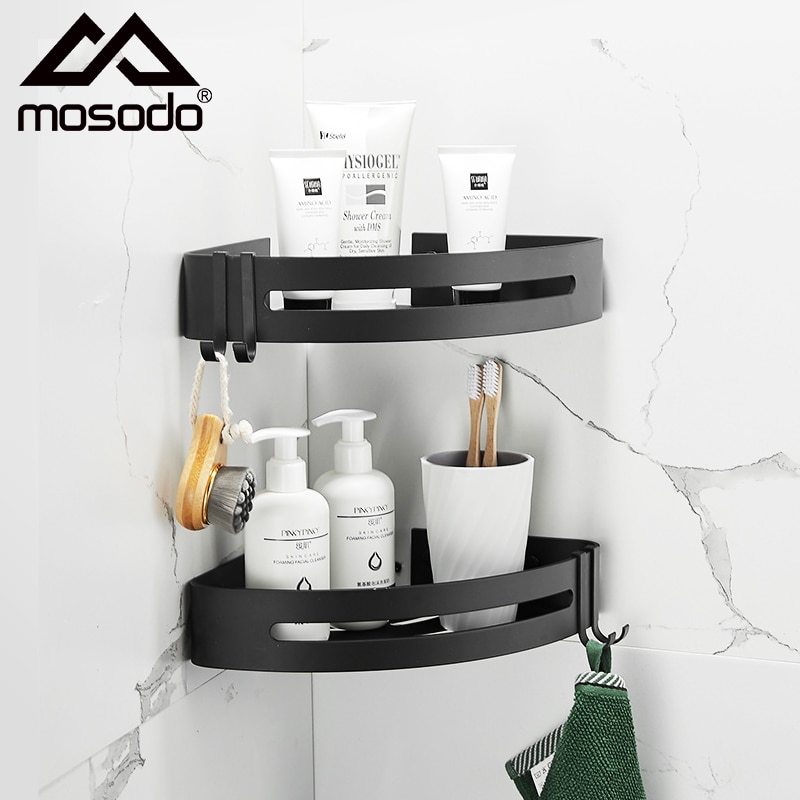 Mosodo Badkamer Plank Organisator Douche Opbergrek Zwarte Hoek Planken Wall Mounted Aluminium Wc Shampoo Houder Geen Boor