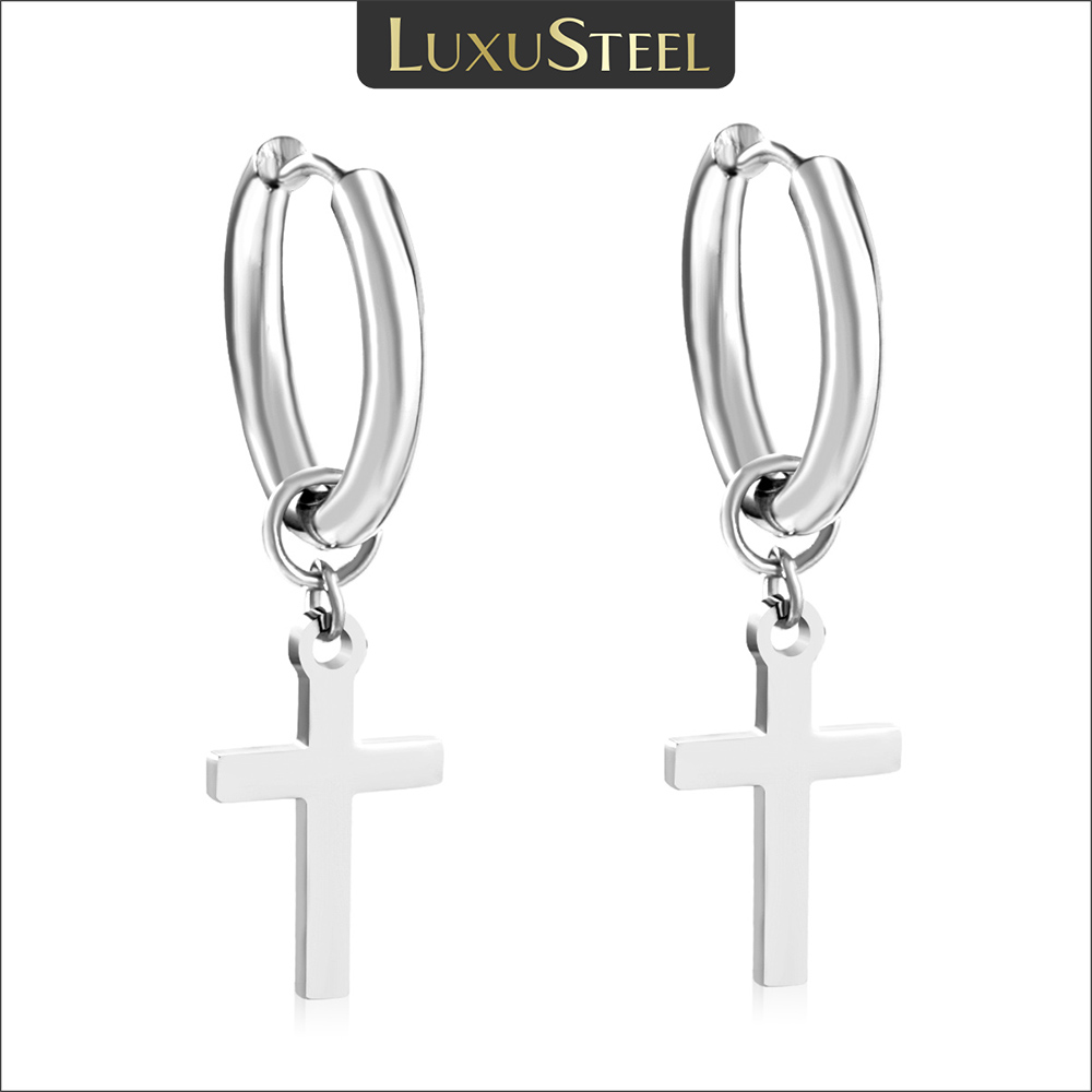 Pendientes góticos de lujo con colgante de cruz para hombre, aretes colgantes de gota, aro de acero inoxidable de Color plateado, joyería Punk para oreja, BFF