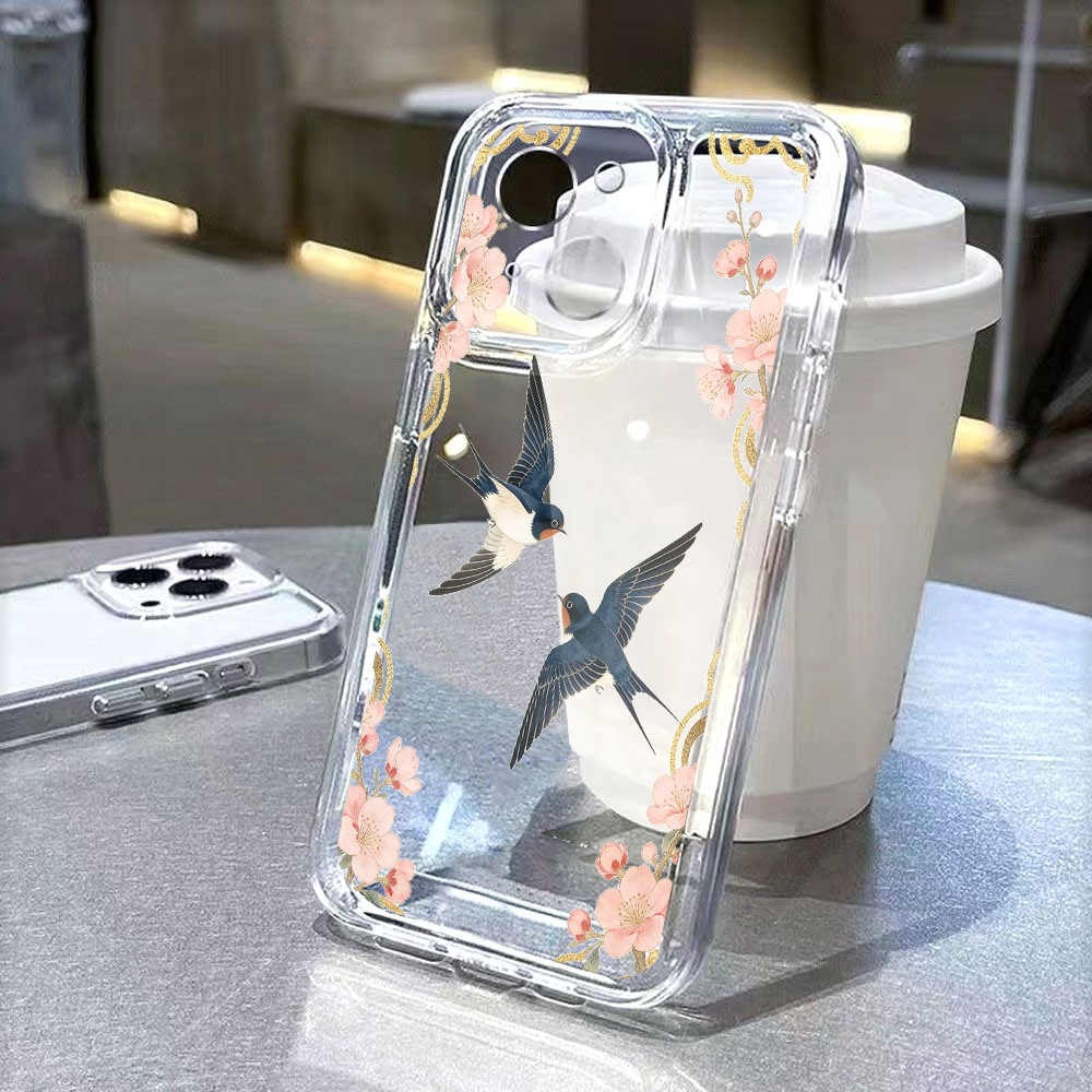 Zwaluwen en perzikbloesems transparante telefoonhoesje voor iPhone 14 15 16 13 12 11 17 Pro Max 12 13 Mini zachte hoes: iphone 13