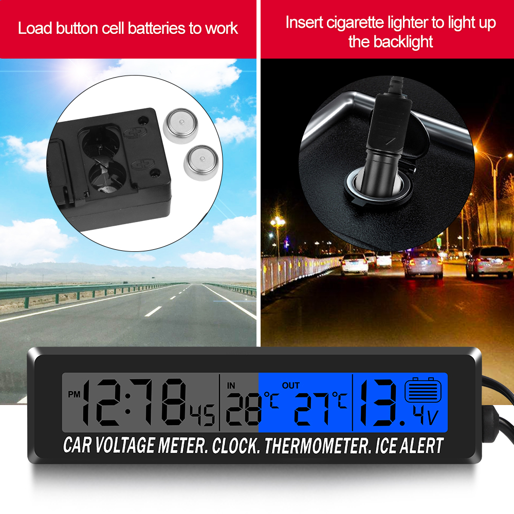Horloge Numérique LCD Voiture - Thermomètre, Hygromètre, Météo - Rétro-éclairage Activé Par Le Son - Noir - 7