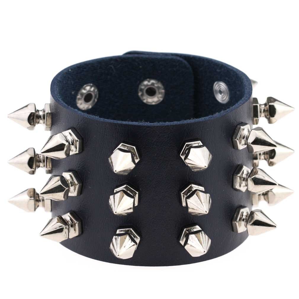 Boho Emo Spike bransoletka sztuczna skóra Punk bransoletki dla kobiet mężczyzn biżuteria Goth dziewczyna chłopiec mankiet Bangle Studded Halloween nadgarstek: P136 Dark Blue