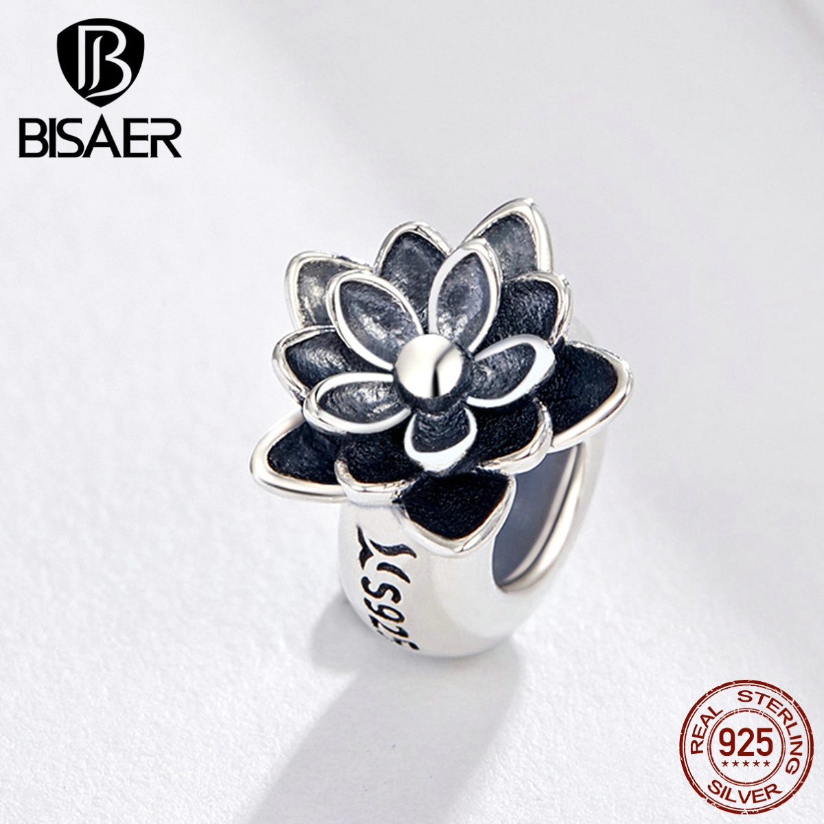 BISAER Lotus Beads 925 Sterling Silver Black Enamel Lotus Flower Charms Beads fit Women Bracelets Bangles DIY Jewelry ECC1196