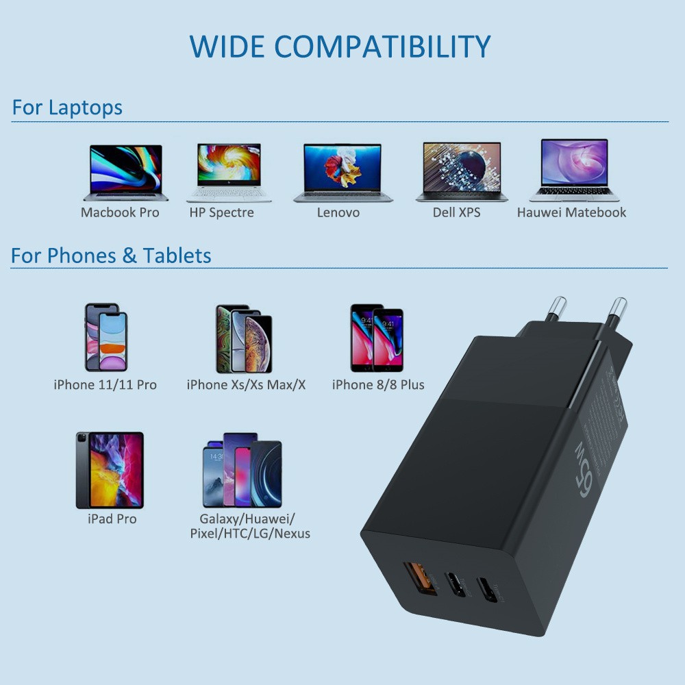 Gan 65w 3.0 pd qc3.0 -c schnellladeadapter für iphone 13, 12 pro max und macbook