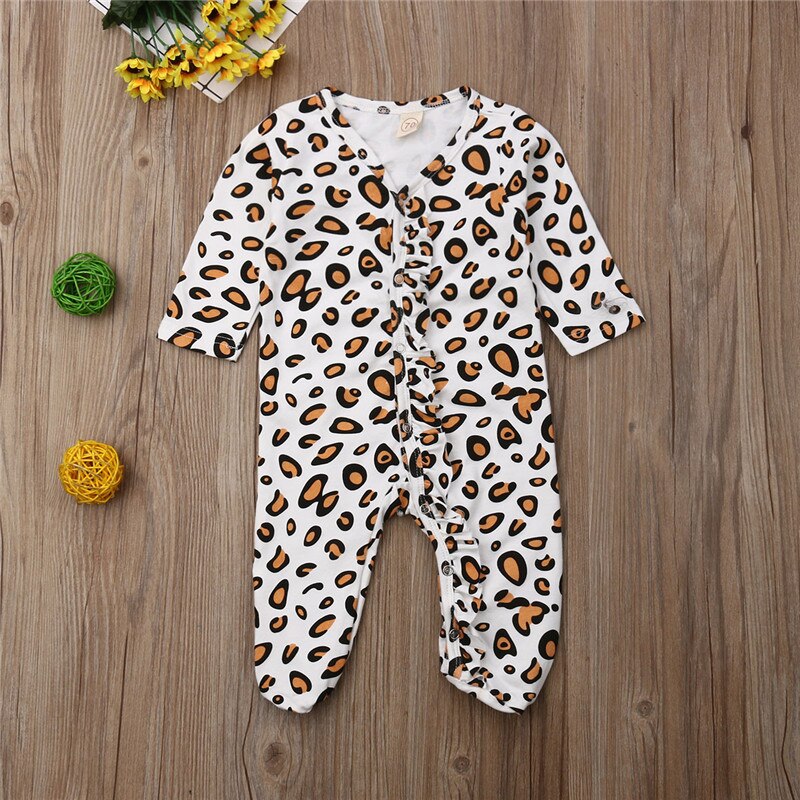 Pasgeboren Baby Baby Boy Meisje Luipaard Katoen Romper lange mouwen v-hals button Jumpsuit Bodysuit Kleding