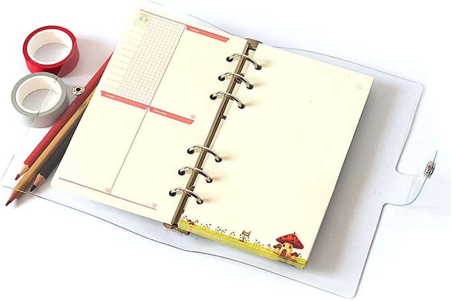 A5 /A6 Transparent 6 Ring Binder Cover Clean Soft PVC for Refillable Notebook Shell with Snap Closure and 1 Ruler
