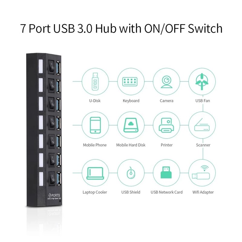 Expansor de 7 puertos USB 3,0 HUB USB Splitter, expansor de 7 puertos con interruptor para PC