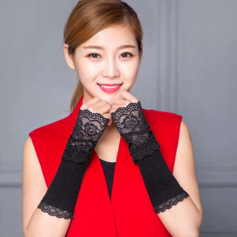 Calentadores de brazo de primavera y otoño para mujer, guantes largos sin dedos de algodón con encaje negro y manga de brazo AGB639A