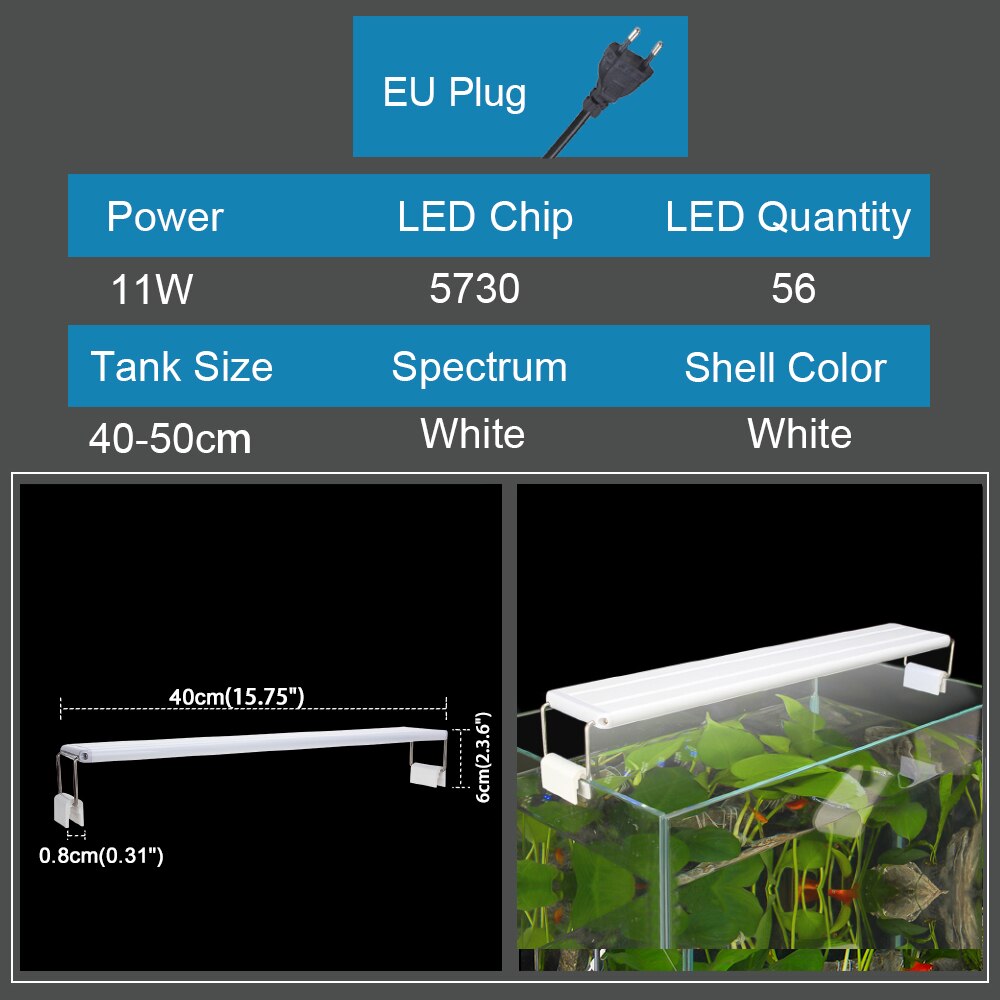 Akvarium led lys utvidbart slankt, dimbart clip-on akvarie lys 5w/6w/8w/10w/11w/13w/16w/20w fisketank led lampe belysning: 11w- eu -220v