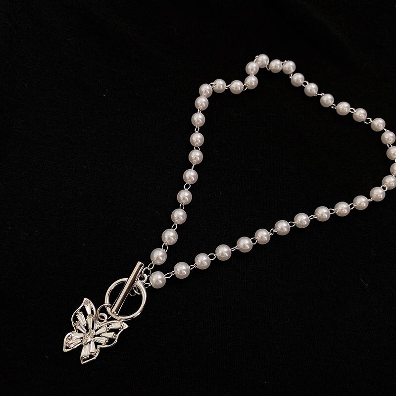 Huanzhi vintage udsøgt perle rhinestones choker sommerfugl titanium stål halskæde til kvinder piger fest smykker: 1