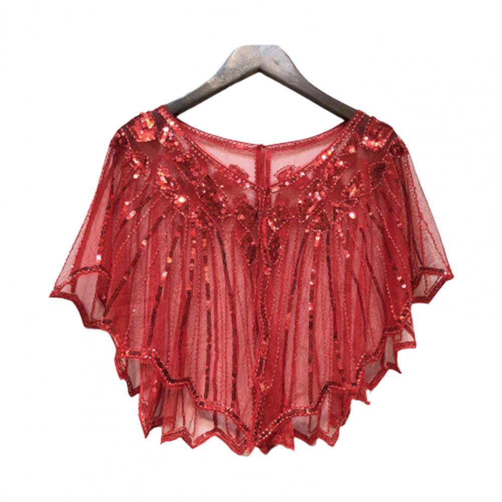 Scalloped High Beaded Sequin Short Top Women Cape See-through Women Shawl Decorative Women Accessories: Red