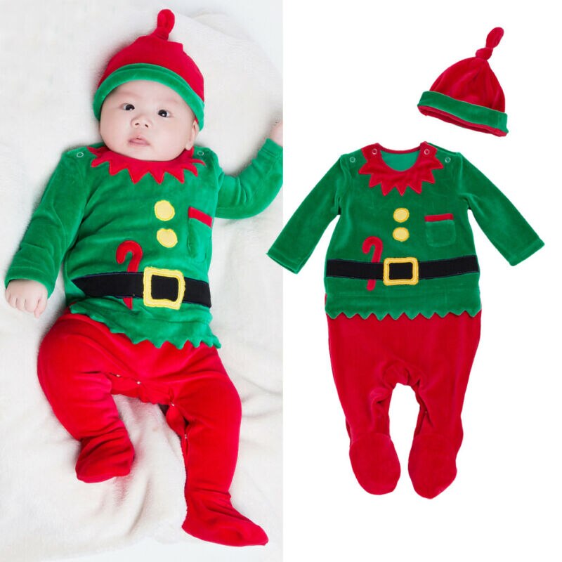 0-24M Christmas Baby Girl Boy Rompers Hats Xmas Santa Claus Clothes Velvet Romper Hat Outfit