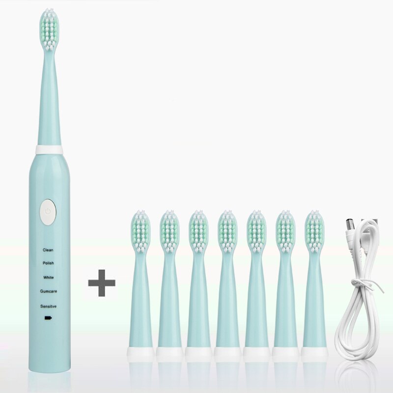 Adults Waterproof Electric Toothbrush Powerful Acoustic Wave Toothbrush 2 Colors Optional Rechargeable Sonic Toothbrush: Blue 8 Heads