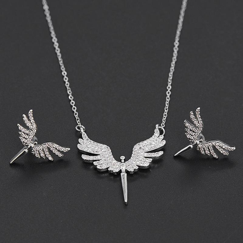 joyas árabes marroquí conjuntos bimba y lola bolsos joyas de Conjunto de collar y pendientes de acero inoxidable con alas de Ángel Micro adornadas, colgante clásico, cadena de clavícula de noche, a la y Linda: PLATEADO