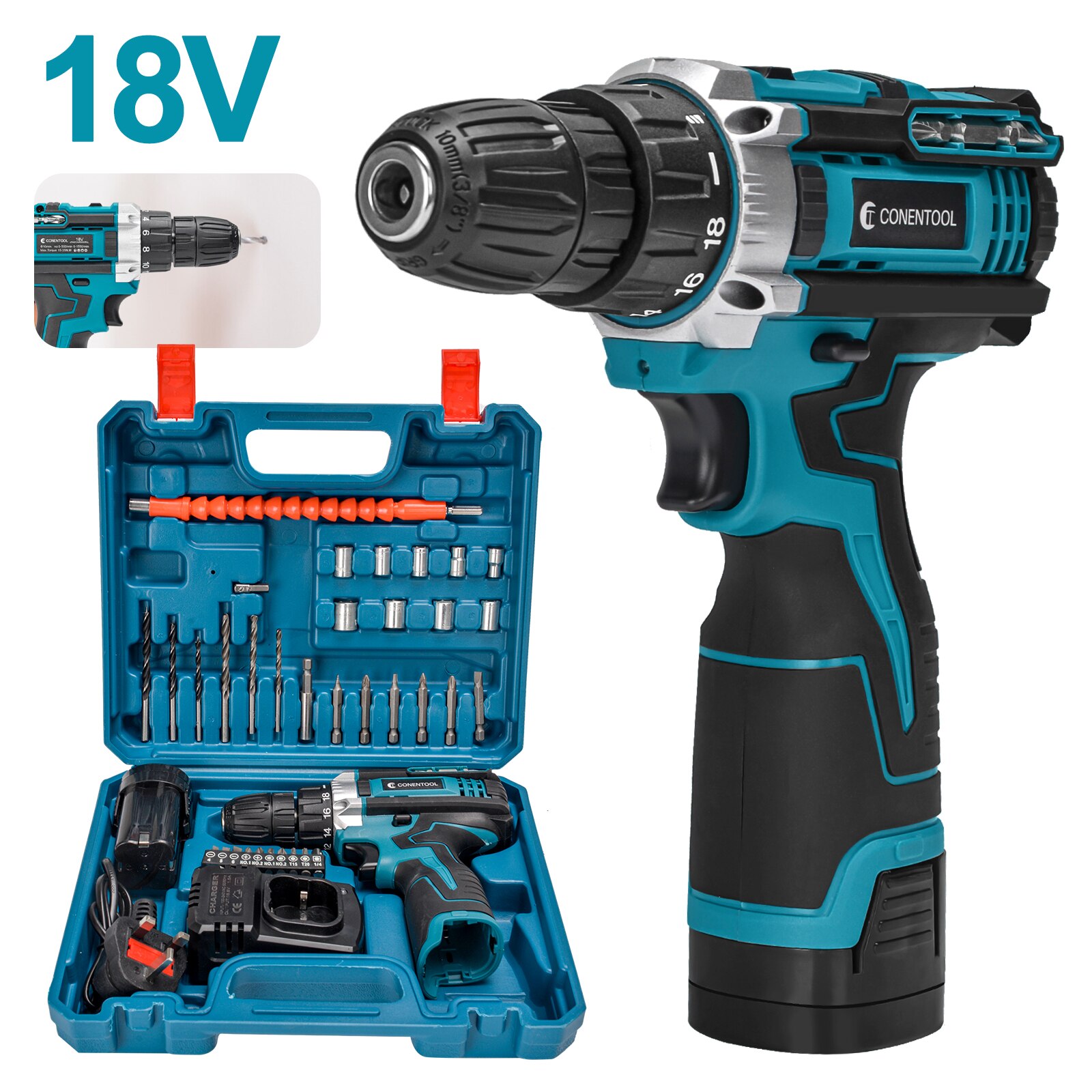 CONENTOOL-destornillador eléctrico inalámbrico recargable, taladro de impacto LED de 2 velocidades, herramientas eléctricas, batería de 1.5Ah, 18V: BLUE