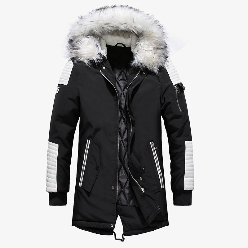Thick Warm Parkas Coat Winter Jacket Men Casual Long Outwear Hooded Fur Collar Windbreaker Jackets Leather Coats Men Veste Homme: Euro Size Black / L