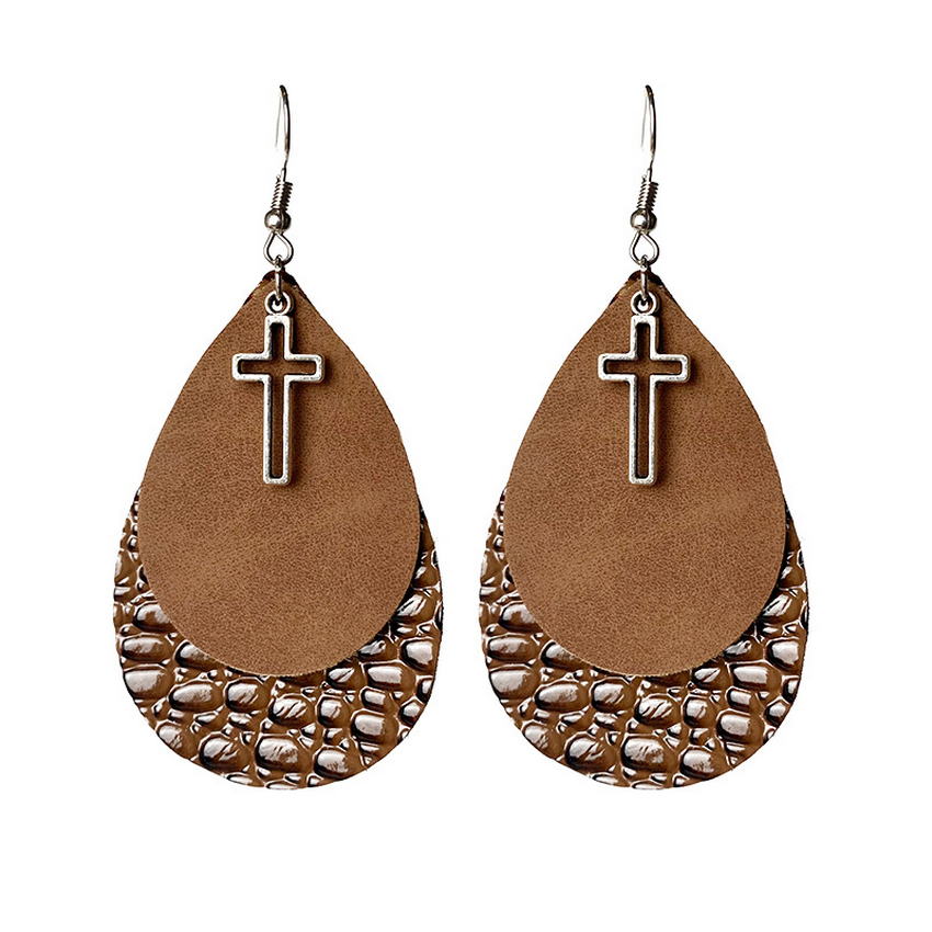 Pendientes de imitación de cuero en forma de lágrima para mujer, aretes con de Cruz de Metal, estilo occidental, Art Deco,