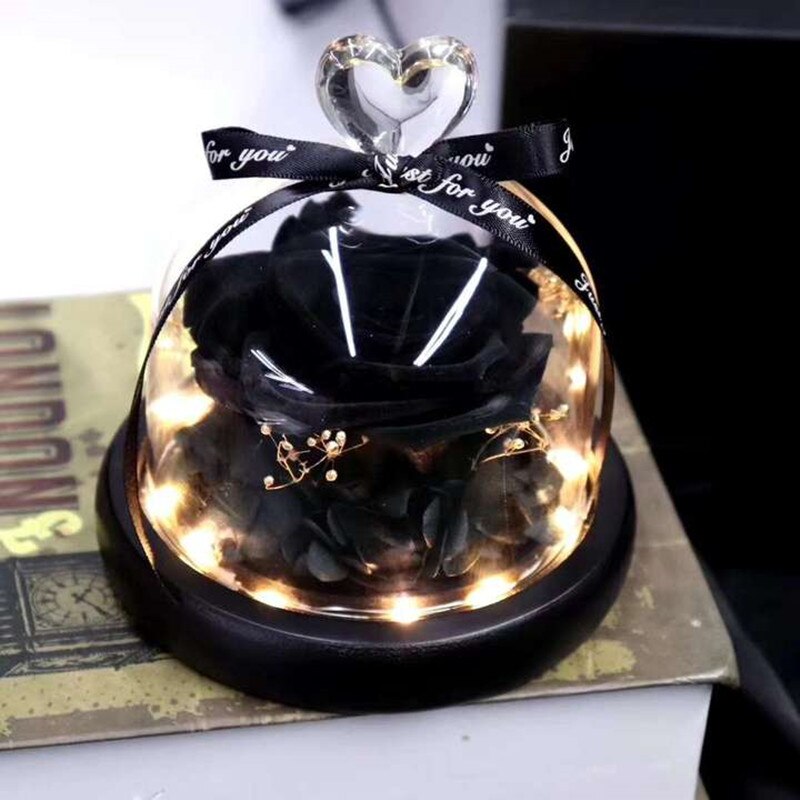 AINYROSE fleur de Rose artificielle en dôme de verre avec lumière LED boîte lampe de nuit Rose éternelle d'anniversaire de mariage pour fille: Black Rose Light