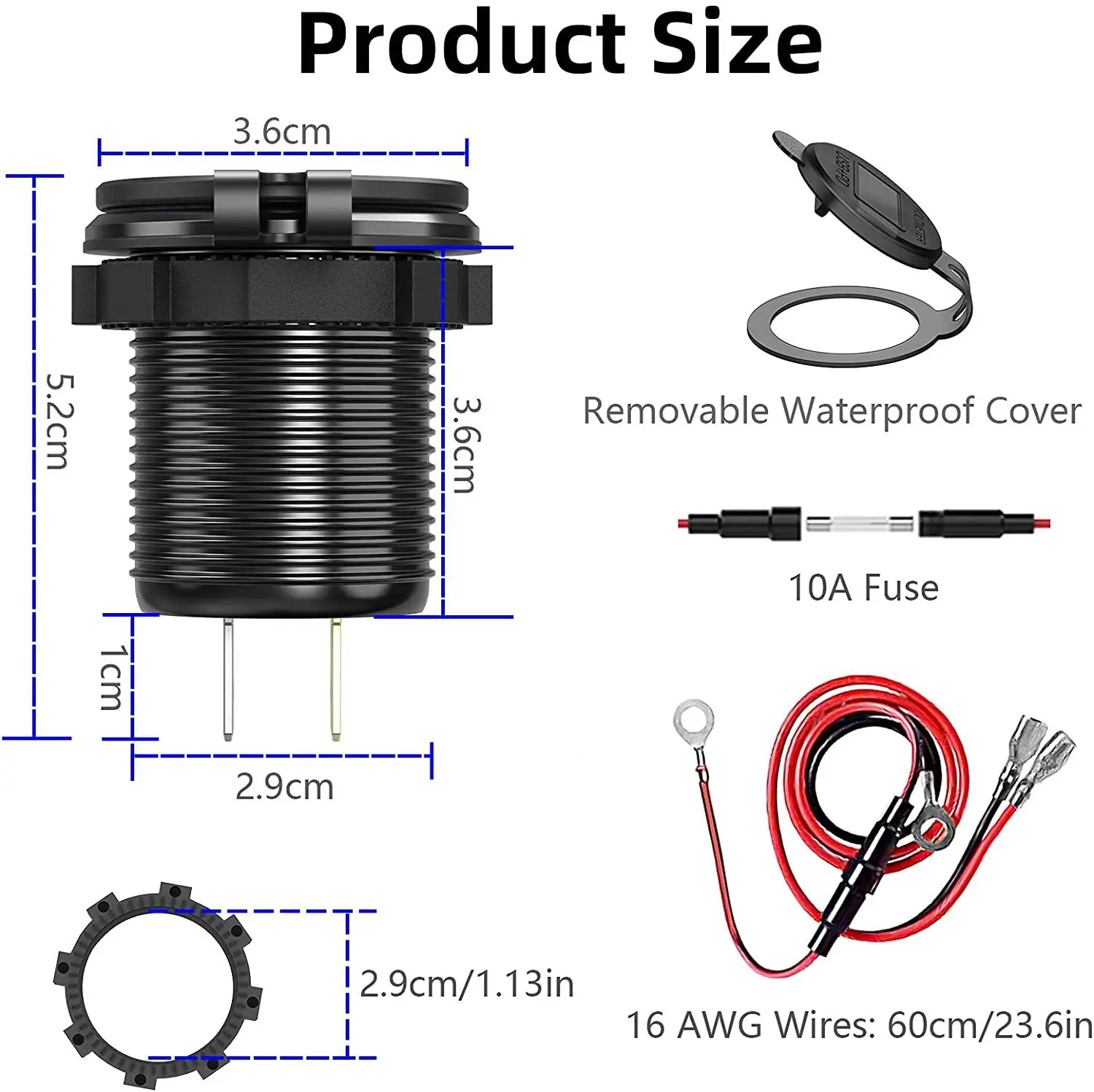 12V/24V 36W QC3.0 Metal Car Lighter Socket Plug LED Display Switch Waterproof USB Charger socket For Phone Tablet
