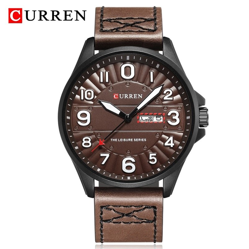 CURREN-reloj analógico con correa de cuero para hombre, accesorio de pulsera de cuarzo resistente al agua con cronógrafo, complemento masculino deportivo de de lujo con moderno: Coffee