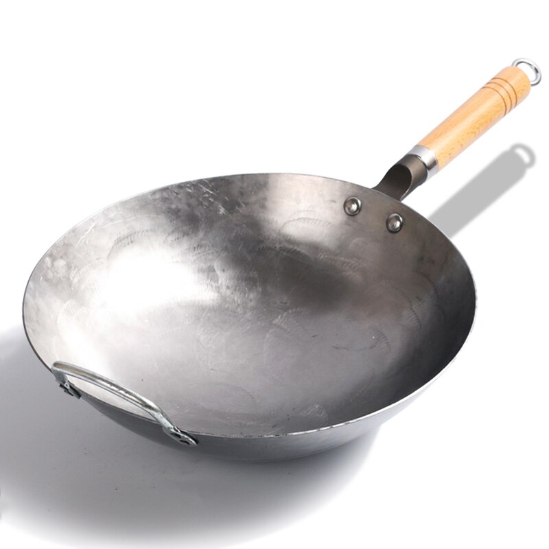 Ijzeren Wok, Traditionele Hand Gehamerd Carbon Ijzer Pow Wok Met Houten Helper Handvat, niet-Coating Gas Fornuis Kookgerei