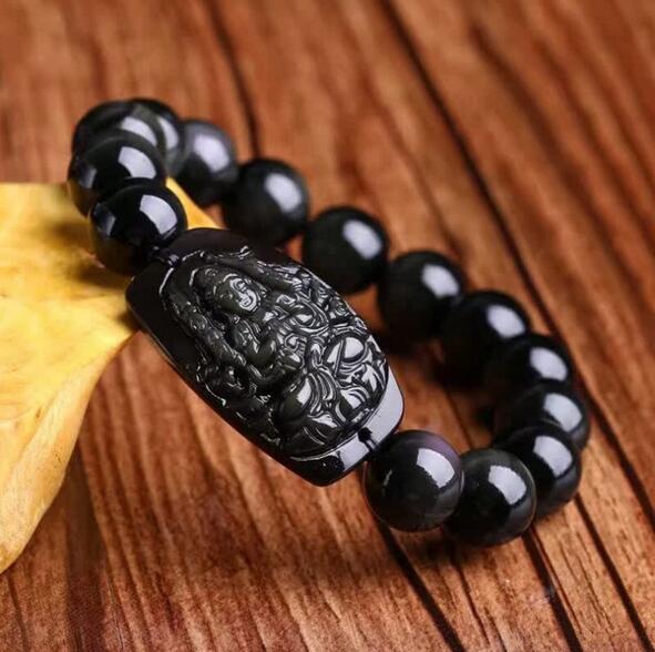 Imitación de obsidiana mil manos guanyin bodhisattva rata Zodiaco patrón San pulsera y brazaletes para pulsera de Buda unisex