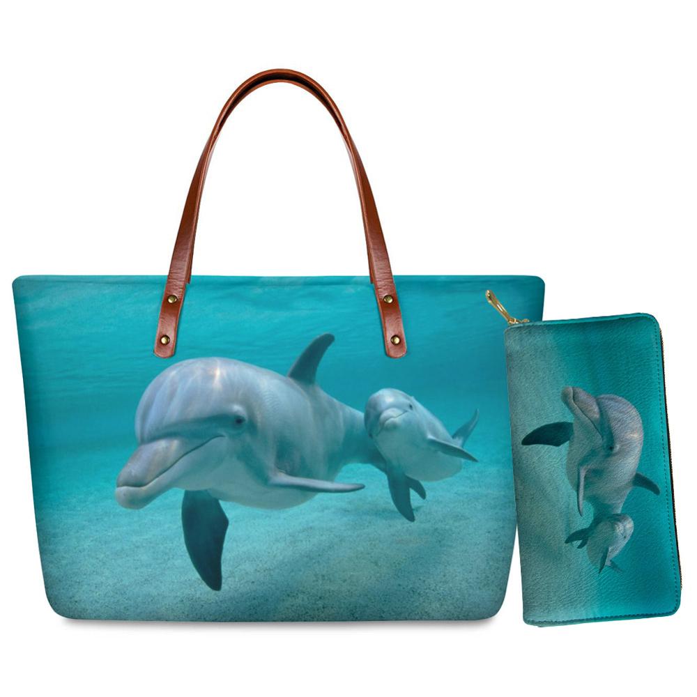 Twoheartsgirl oceaan dolfijn print handtas set portemonnee voor vrouwen neopreen dames handtassen met handgreep casual dames handtassen: Z6088al-z21