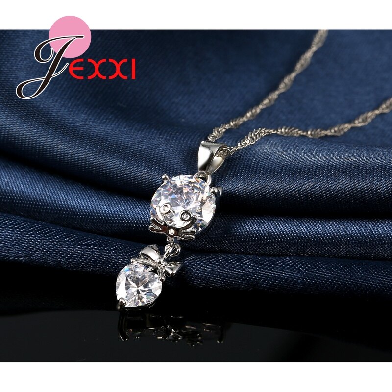 Mignon dessin animé chat CZ cristal collier pendentif goutte boucles d'oreilles à la 925 en argent Sterling amour coeur femmes bijoux ensembles
