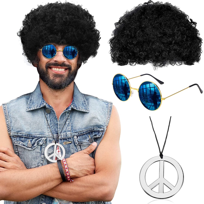 Conjunto de joyería de disfraz, peluca Afro sintética, collar de gafas de sol para temática de los años 50, 60 y 70, accesorios de ropa de estilo años 80 para hombres