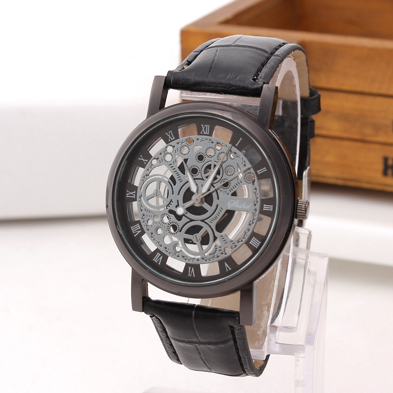Foloy Horloge Voor Mannen PU Lederen Band uithollen Analoge Lichtmetalen Quartz Horloges Mannen Horloge Klok
