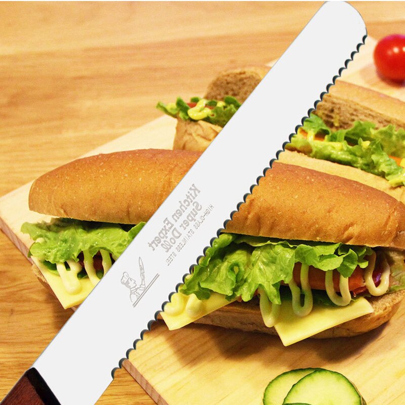 10 Inch Stainless Serrated Bread Knife Wooden Handle Long Baguette Cutter Cake Knife Kitchen Accessories Baking Tools