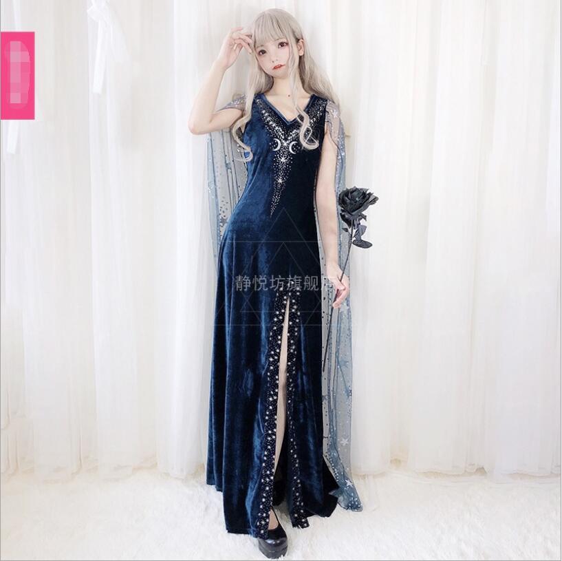 Cos halloween kostume dronning stjerne kjole cape lolita kjole heks maskerade temperament kjole vestidos