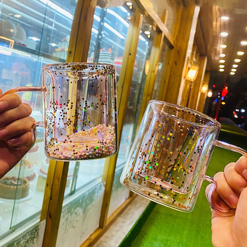Girly Heart Sequins Korea Star Mug Heat-resistant Glass Double-layer Coffee Cup with Handle