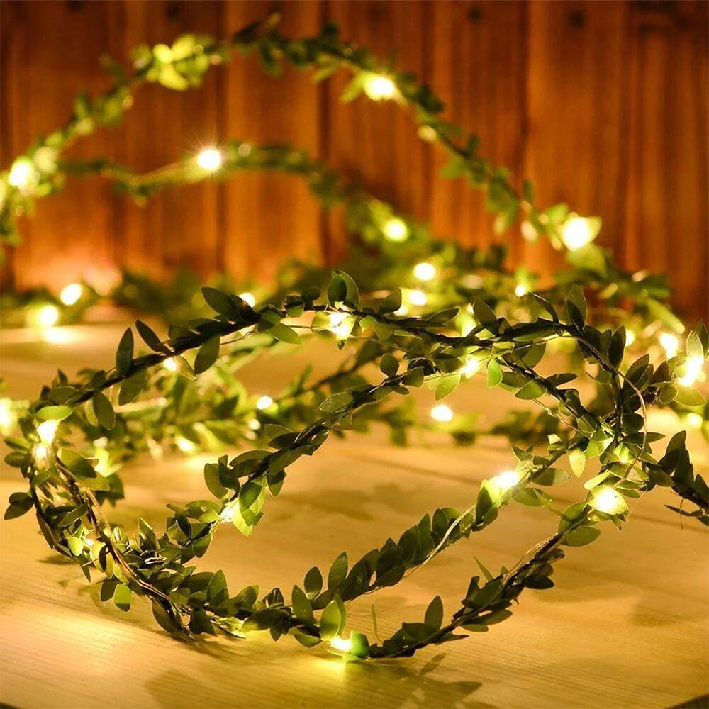 Bittesmå blade krans fe lys led kobbertråd batteri streng lys til bryllup skov bord jule hjemme fest dekoration