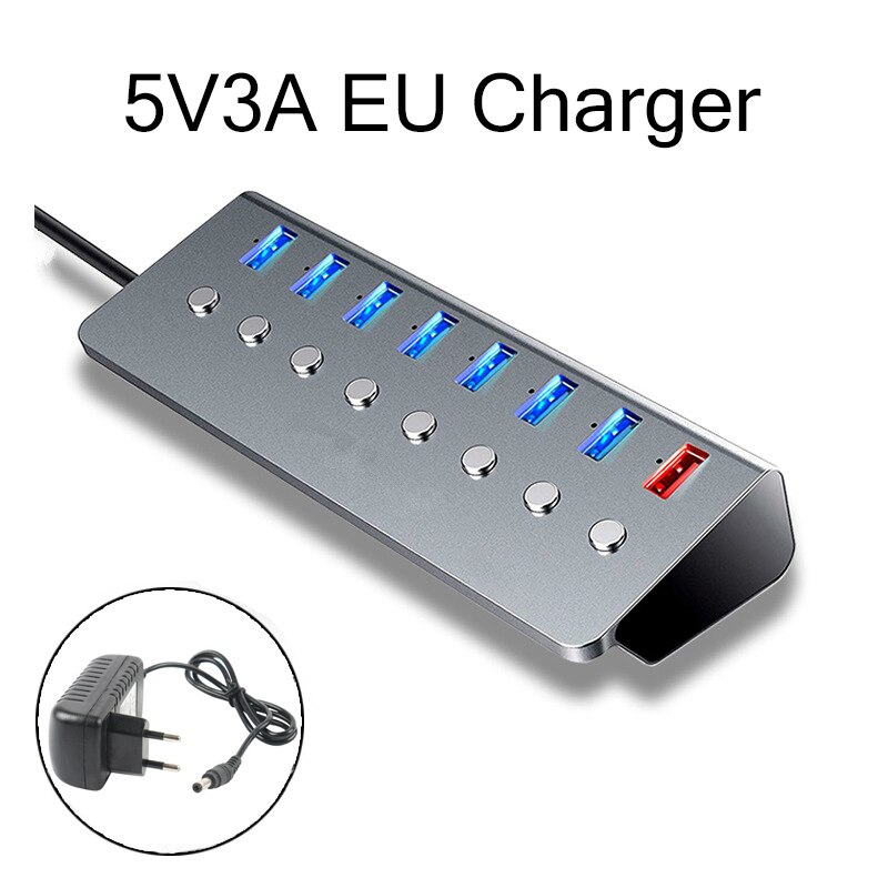 Aluminiumlegering 8-- poorts usb 3.0- splitter 7- poorts computer uitgebreide usb-hub 1- poorts snellaadadapter externe 5v 3a- voeding: Met eu-lader