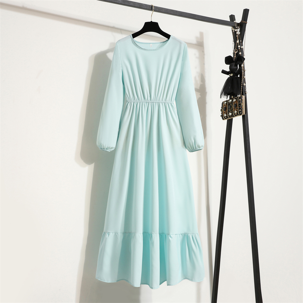 Women Long Dress Spring Autumn Mujer Vestidos Solid Full Sleeve O-neck Casual Chiffon Dresses Muslim Solid Loose Maxi Dresses: XL / SKY BLUE